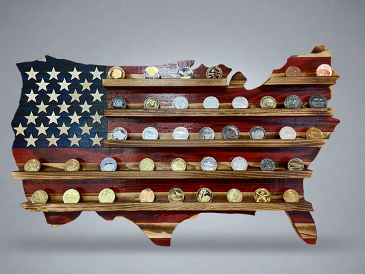 Wooden USA map coin holder with stars and stripes design displaying multiple coins