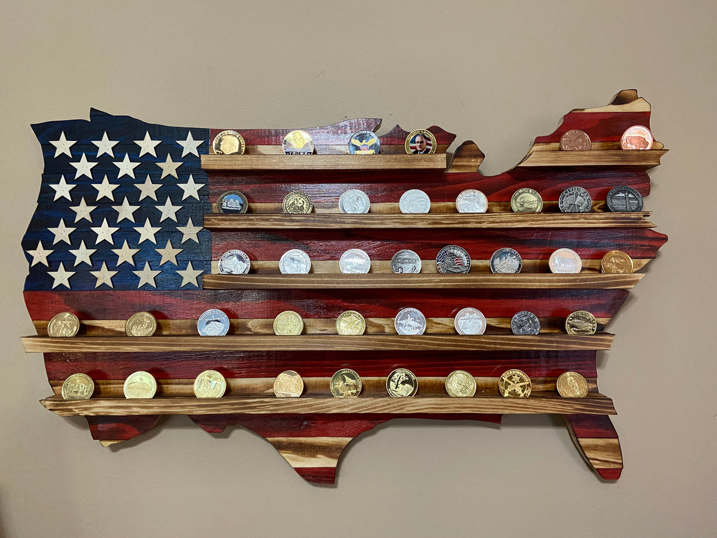 Wooden USA map coin holder with American flag design and multiple slots for coin collection