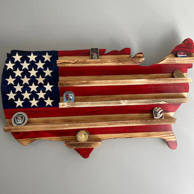 USA map coin holder wooden display with patriotic American flag design and multiple coin slots
