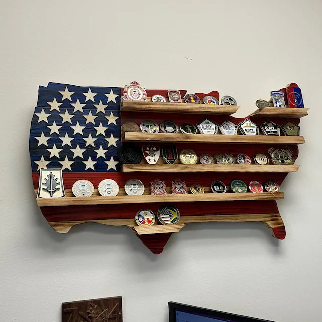 USA map coin holder made of wood with American flag design and multiple shelves displaying collectible coins