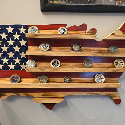 Wooden USA map coin holder with multiple shelves displaying collectible coins against a painted American flag design