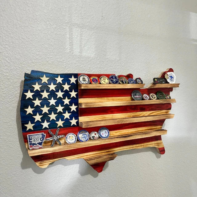 USA map coin holder wall display in American flag design holding various collectible coins