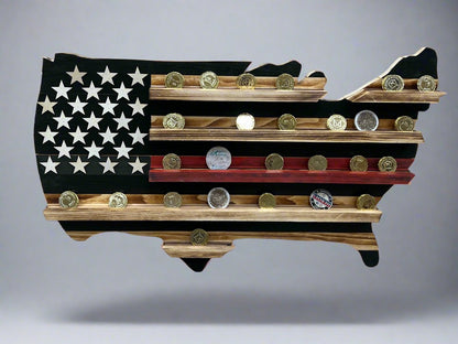 USA thin red line challenge coin holder flag shaped like United States with thin red line detail