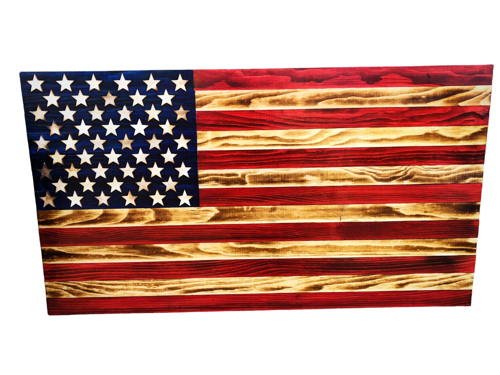 Handcrafted Wooden American Flag with rustic red, white, and blue colors and natural wood grain texture