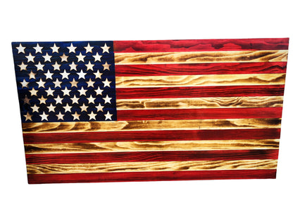 Handcrafted Wooden American Flag with rustic red, white, and blue colors and natural wood grain texture