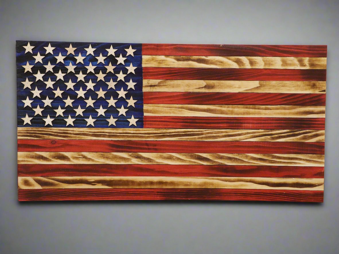 Handcrafted Wooden American Flag with rustic red, white, and blue colors for patriotic home decor