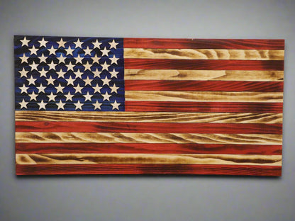 Handcrafted Wooden American Flag with rustic red, white, and blue colors for patriotic home decor
