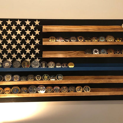Wooden blue line flag coin holder display with multiple collectible coins arranged on shelves