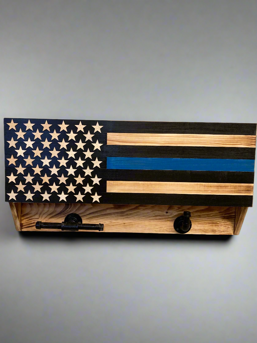 Wooden blue line front door box with American flag design and black hooks for keys