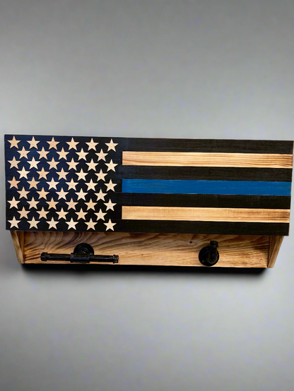 Wooden blue line front door box with American flag design and black hooks for keys