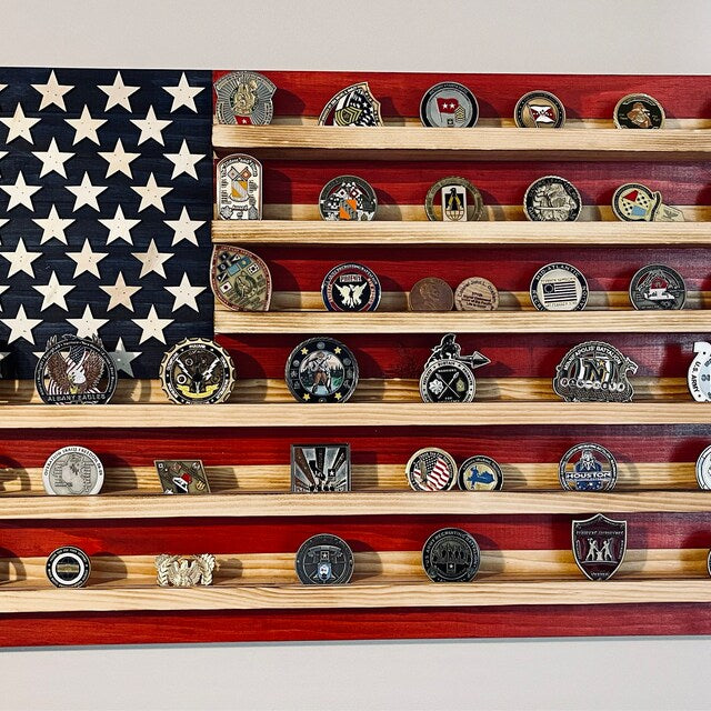 American flag wooden challenge coin holder flag wall art displaying various challenge coins