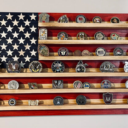 American flag wooden challenge coin holder flag wall art displaying various challenge coins