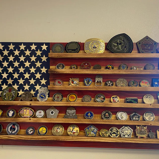 American flag wooden challenge coin holder flag wall art displaying diverse collectible coins