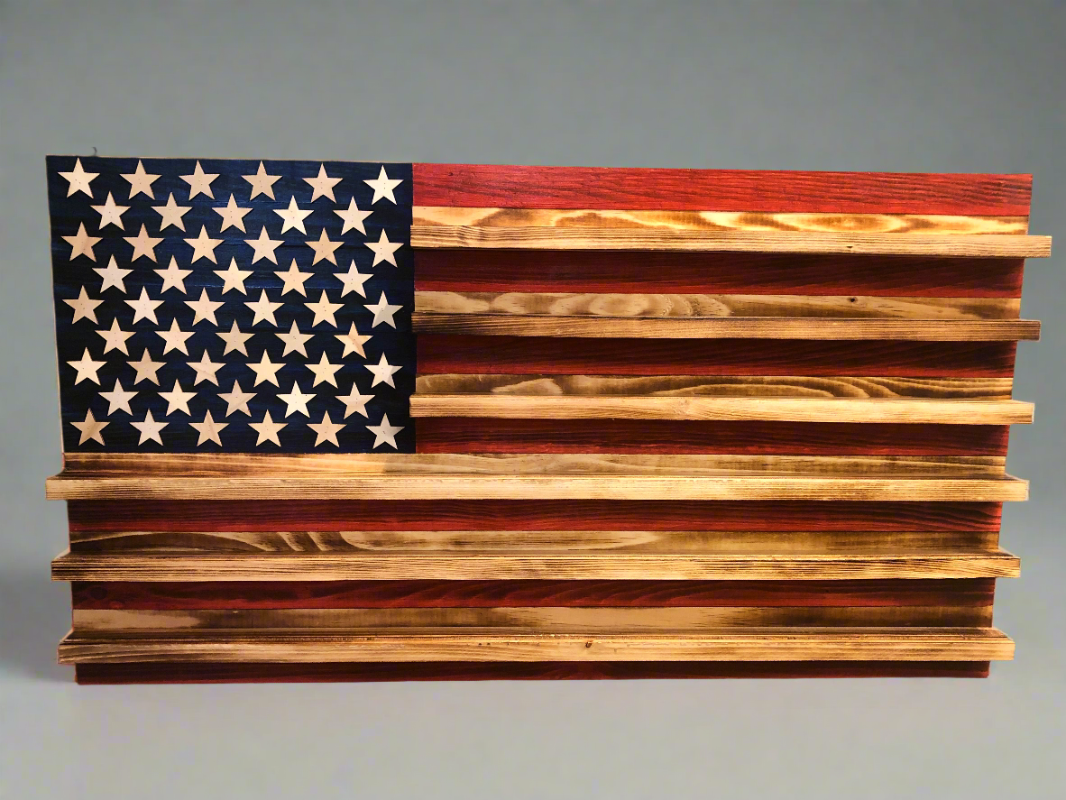 American flag wooden challenge coin holder flag wall art with multiple display shelves