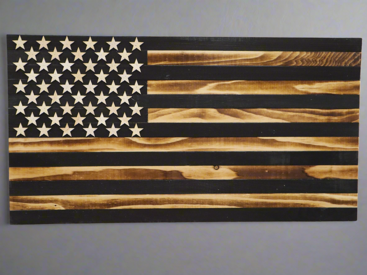 Wooden subdued American flag wall art with natural and black tones for home decor