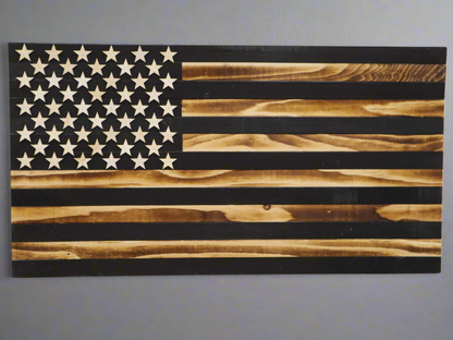 Wooden subdued American flag wall art with natural and black tones for home decor